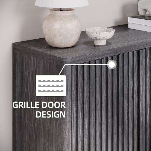 GarveeHome 46 Inch Shoe Cabinet with 4 Adjustable Shelves, 5-Tier Fluted Door Storage, Pop-Up One-Touch Opening, Anti-Tip Hardware, Freestanding Rustic Shoe Bench for Entryway & Hallway