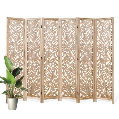 Leaf-Carved Room Divider Privacy Screen - 67 Inch Tall Foading Decorative Wood Screen Dividers Panel for Home - Natural Wood Room Partitions for Enhanced Privacy and Style Natural 6 Paned - color: Natural, size: 6 Panels