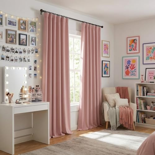 RYB HOME 100% Blackout Pink Curtains for Girls Bedroom 90 inches Long | Heat & UV Blocking, Total Room Darkening, Noise Reducing, Back Tab, For Bedroom Dining Room Theater, W52 x L90, 2 Panels - color: Pink, size: 52"W x 90"L (Pack of 2)