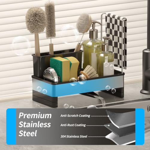 Stainless Steel Sink Caddy, Kitchen Sink Sponge Holder with Brush Holder and Towel Rack, Soap Dispenser Kitchen Organizers Storage Essentials, Dish Organizer for Countertop