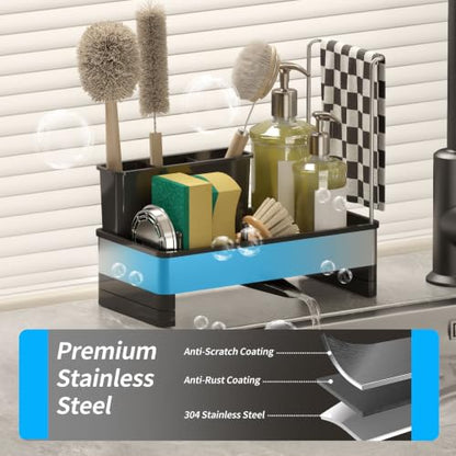 Stainless Steel Sink Caddy, Kitchen Sink Sponge Holder with Brush Holder and Towel Rack, Soap Dispenser Kitchen Organizers Storage Essentials, Dish Organizer for Countertop