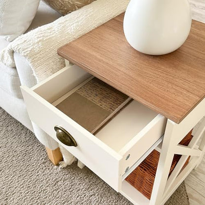 PHI VILLA End Table Living Room Set of 2, White Bedside Table with Drawers | Wood Side Table with Drawer, Farmhouse Bed Side Tables Living Room, Rustic Nightstand for Bedroom, Small Couch Table - color: Ivory 1