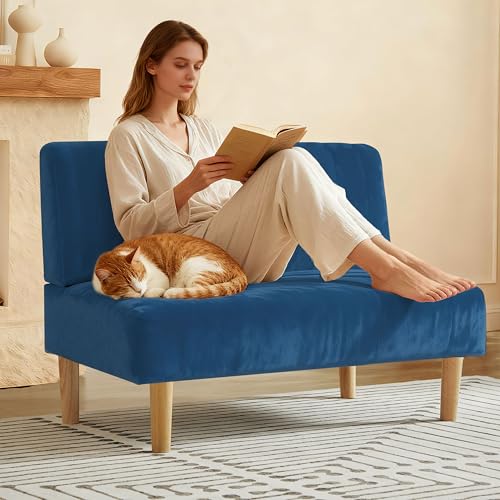 42" Velvet Armless Loveseat Settee, Mini Two-Seater Couch with Channel-Tufted Back, Solid Wood Legs, Compact Bench with Back for Small Apartment, Kitchen Nook & Entryway, Easy Assembly (Blue)
