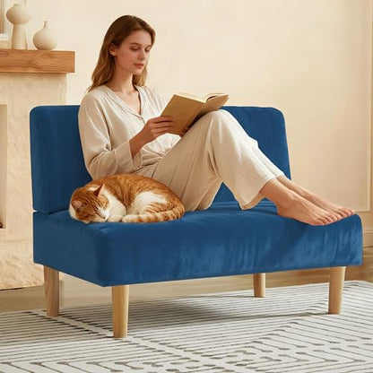 42" Velvet Armless Loveseat Settee, Mini Two-Seater Couch with Channel-Tufted Back, Solid Wood Legs, Compact Bench with Back for Small Apartment, Kitchen Nook & Entryway, Easy Assembly (Blue)