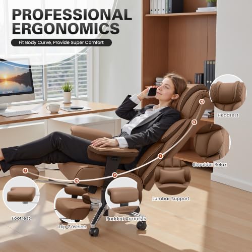 BestGlory Office Desk Chair, Big and Tall Leather Gaming Chair with Footrest, Ergonomic Comfy Executive High-Back Reclining Computer Chairs, Wide Swivel Rolling Wheels and Padded Lumbar Support, Khaki - color: Khaki, style: 3 Position Reclining