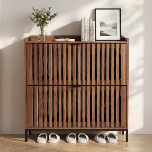 Shoe Cabinet for Entryway, Slim Freestanding Shoe Rack Organizer with 2 Flip Drawers, Narrow Hallway Storage Cabinet with Breathable Doors, Classic Walnut - color: Classic Walnut