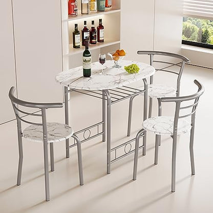 JUMMICO 3-Piece Wooden Round Table & Chair Set | Kitchen Breakfast Nook Wood Grain Tabletop with Metal Frame and Built-in Wine Rack for Kitchen, Dining Room (White/Silver) - color: White/Silver