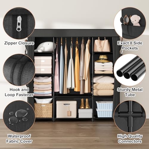 Portable Closet for Hanging Clothes 57.3 Inch Large Capacity Wardrobe Closet with Cover, 8 Pockets and 1 Hanging Rod, Easy Assembly Closet Organizer for Bedroom, Black