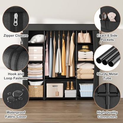 Portable Closet for Hanging Clothes 57.3 Inch Large Capacity Wardrobe Closet with Cover, 8 Pockets and 1 Hanging Rod, Easy Assembly Closet Organizer for Bedroom, Black