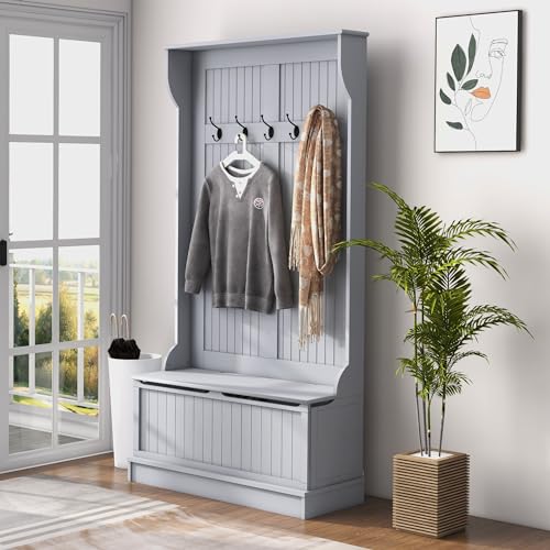 HOMCOM Hall Tree with Bench and Shoe Storage 3-in-1 Entryway Bench Gray | Coat Rack, 5 Hooks, Flip Top Storage Compartment - color: Grey, size: 38"