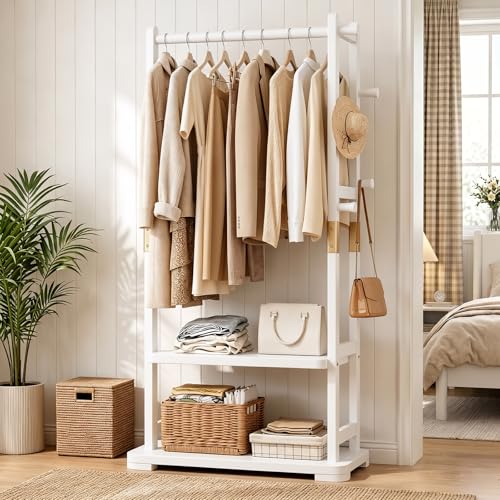 Solid Wood Clothes Rack with 2 Shelves & 4 Hooks for Hanging Clothes Garment Wallets Hats, White Clothing Rack Heavy Duty Coat Rack Freestanding with Storage Hall Tree for Hallway Bedroom Living Room | Hallway bedroom living room, durable wood constructio