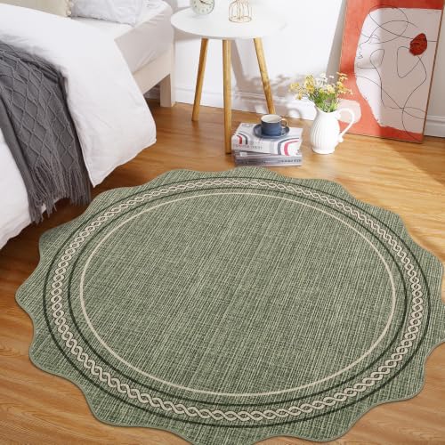 GarveeHome Scalloped Washable Small Round Rug 3ft Non-Slip Soft, Green | Boho Ultra-Thin Circle Low Pile Stain Resistant Carpet for Bedroom Entryway Kitchen Laundry Bathroom - color: Green, size: 3' (Round)