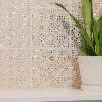 Peel and Stick Metal Tiles, Pastel Painted Gold, 10-Pack | 8 x 8 in tile size; Covers up to 4.44 sq ft; Aluminum; Water-resistant surface; For kitchens, ceilings, DIY projects - style: Pastel Painted Gold