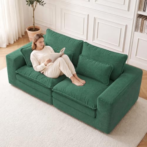 78" Boneless Couch Loveseat, Modular Sectional Sofa 2 Deep Seat Corduroy Pull Out Sleeper Sofa Bed Couch for Living Room Apartment No Assembly 78" loveseat-Green - size: 78"loveseat