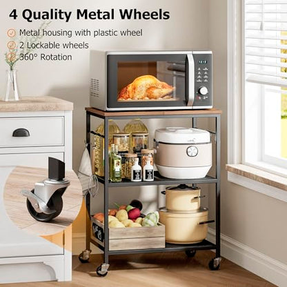 Homleke 3-Tier Rolling Kitchen Microwave Cart, Utility Cart | Coffee Bar Table Station with 6 Hooks, Small Appliance Storage Shelf, Rustic Brown and Black - color: Rustic Brown and Black