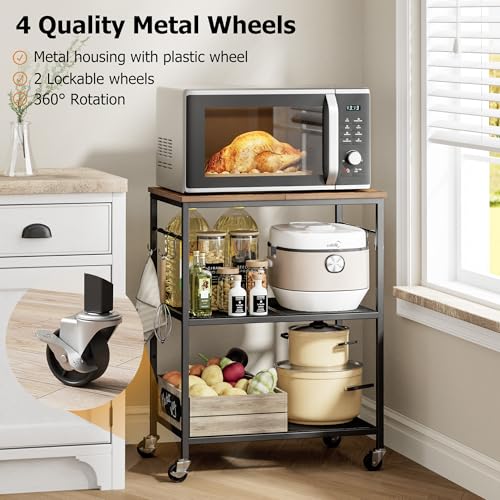 Homleke 3-Tier Rolling Kitchen Microwave Cart, Utility Cart | Coffee Bar Table Station with 6 Hooks, Small Appliance Storage Shelf, Rustic Brown and Black - color: Rustic Brown and Black