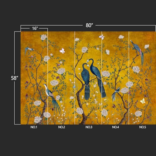 Golden Chinese Style Flowers Birds Large wall murals Peel and Stick Wallpaper for Bedroom Living Room - 58"x80" - color: W04, size: 58"x80"