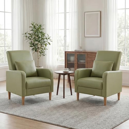 COLAMY Accent Chairs Set of 2, Faux Leather Living Room Chairs with Back Pillow & Solid Wood Legs, Mid-Century Modern Chairs, Comfy Upholstered Armchair for Living Room, Bedroom, Light Green - color: Light Green, size: Set of 2