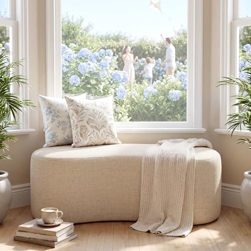 Zesthouse Upholstered Ottoman Bench for Bedroom, 39.8" Curved Linen End of Bed Bench, Modern Small Bench Seat for Living Room Entryway Hall Mudroom, Soft Beige Fabric Coffee Table, Crescent Shape - color: Beige Linen, size: No Storage