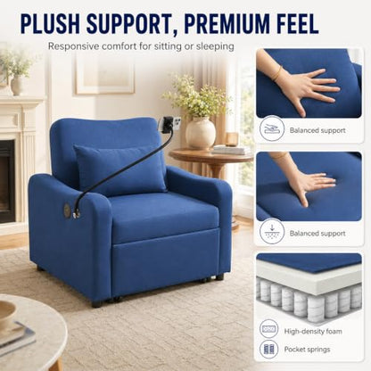 Majnesvon Convertible Chair Bed 3 in 1, Sofa Bed Chair (Blue) | with Adjustable Backrest & Charging Station, Small Space One Person Couch for Apartment, Office, Living Room, Bedroom - color: Blue