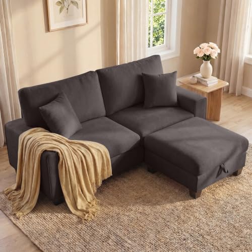 DOPEDIO L-Shaped Sectional Sofa with Storage Ottoman, Modern Chenille Recliner Loveseat, Removable Couch Covers, Pocket Spring Cushions, Solid Wood Frame, Easy to Install (71.25inch, Dark Grey) - size: 71.25 inch-L, style: Dark Grey Chenille