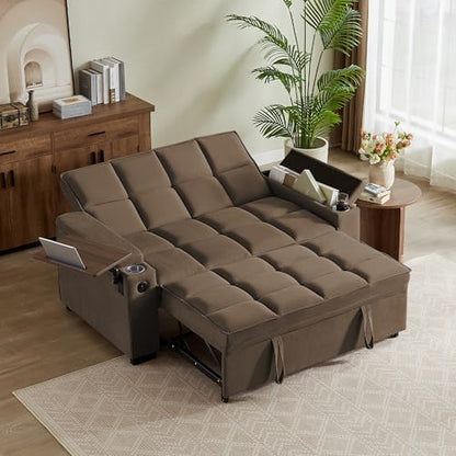 66" Multi-Functional Pull-Out Sofa Bed with Hidden Side Table, Storage Armrests, Built-in Charging Port, Spring Mattress, Solid Wood Frame – Ideal for Small Spaces, Easy Assembly - color: 1007-k