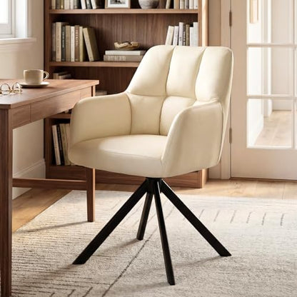 EALSON Comfy Leather Desk Chair Modern Computer Task Chair no Wheels Swivel Accent Chair with Mid Back Arm Chair for Living Room/Bedroom/Home Office, PU Beige - color: Beige