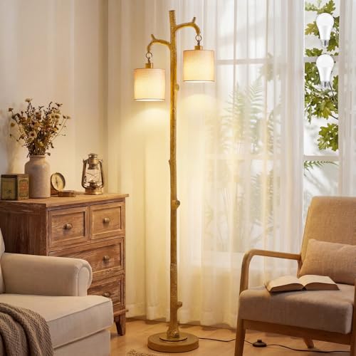 EJIAXIN Farmhouse Floor Lamp for Living Room - 69" Rustic Tree Trunk Standing Lamps - Country Resin Tall Lamp with 2 Reading Light - Tree Floor Lamp for Bedroom Office Home Decor (Ginger) - color: Ginger
