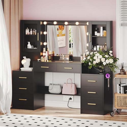 TOKSOM Black Vanity Desk with Mirror, Lights & Charging Station, 58.3" 3 Lighting Modes Makeup Desk with 8 Drawers, 2 Cabinets and Lots Storage, Dressing Table Vanity Set with Lighted Mirror - size: 58.3 inch, style: Modern Black