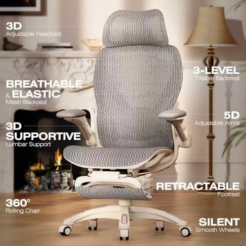X100 Ergonomic Mesh Office Chair with Footrest, Big and Tall Home Desk Chair with 5D Flip-Up Arms, Adjustable 3D Lumbar Support, Gaming & Executive Computer Chair (First Light) - color: First Light