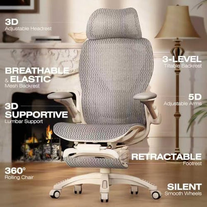 X100 Ergonomic Mesh Office Chair with Footrest, Big and Tall Home Desk Chair with 5D Flip-Up Arms, Adjustable 3D Lumbar Support, Gaming & Executive Computer Chair (First Light) - color: First Light