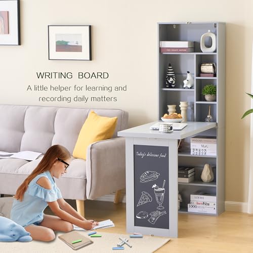 Folding Desk with Storage,Fold Out Convertible Wall Mounted Table,Grey | Space-Saving,Foldable Desk with Blackboard and Shelves, Multi-Function Desk Cabinet , Murphy Desk Home Office Workstation - color: Grey