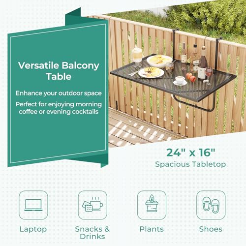 Tangkula Balcony Railing Table, Outdoor Folding Hanging Table with Metal Frame, Space-Saving Bar Serving Table Fits Railings Up to 2.4” Thick for Patio, Porch, Deck - size: 24” x 20” x 20”
