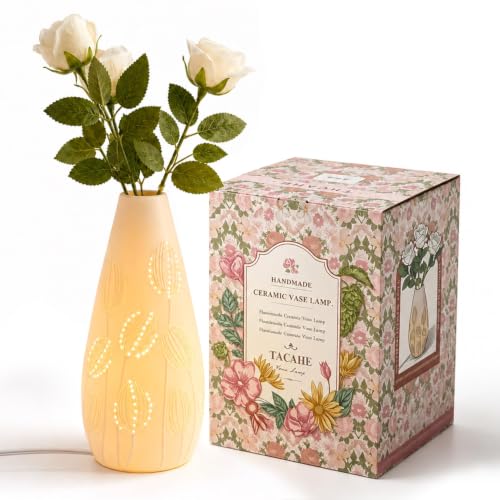 Ceramic Vase Table Lamp - 2700K Bulb & 3 Artificial Flowers Included | Handmade Openwork Craft - Inline Switch - E12 Socket - Tulip 11" - style: Tulip
