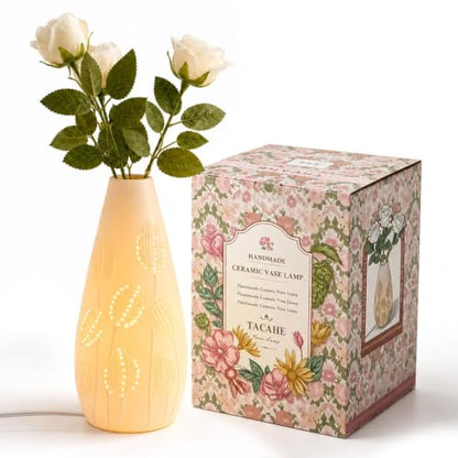 Ceramic Vase Table Lamp - 2700K Bulb & 3 Artificial Flowers Included | Handmade Openwork Craft - Inline Switch - E12 Socket - Tulip 11" - style: Tulip