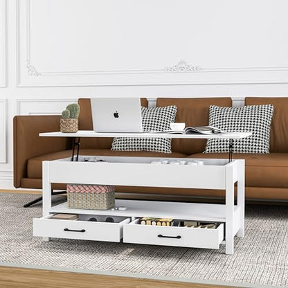Panana Coffee Table, Lift Top Coffee Table with Hidden Compartment, 2 Drawers and 1 Open Shelf, Retro Central Wooden Table Lift Tabletop for Living Room (White) - color: White