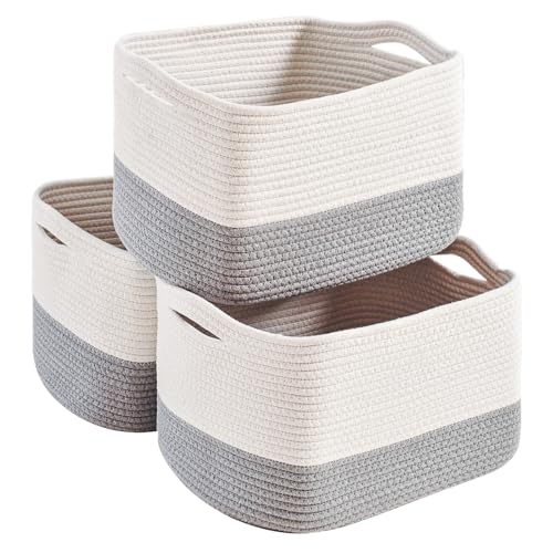 Grey Storage Baskets for Organizing Shelves, Woven Cotton Rope Baskets for Storage, Dog Toy Basket Storage Kids, Gray Shelf Basket, 14.8"×11"×9.5", Pack of 3, Off White & Grey - color: Off White & Grey