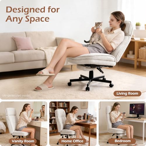 Criss Cross Chair with Wheels - Home Office Desk Chairs with Foot Rest, Morden Comfy Swivel Makeup Chair for Vanity, Ergonomic Cross Legged Office Chair with High Back & Wide Seat, White - color: White