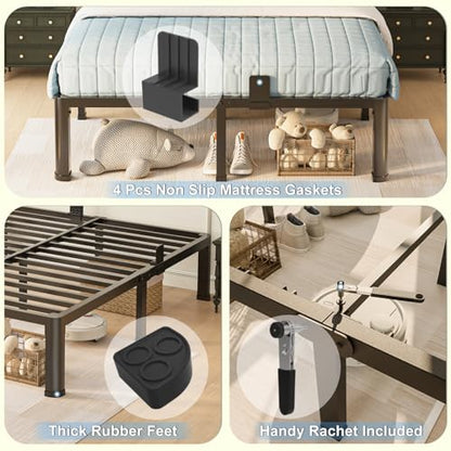 14 inch Queen Bed Frame with Round Corner Legs Mattress Slide Stopper,3500 lbs Heavy Duty Metal Platform,Steel Slats Support,No Box Spring Needed,Easy Assembly,Noise Free - size: Queen, style: 14 inch