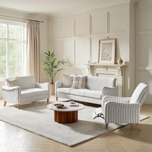 HULALA HOME Farmhouse Curved Couch with Stripe Pattern, 3 Seater Sofa, Grey | with Solid Wood Spindle Legs and Rolled Wide Armrests, Comfy Upholstered Sofa for Living Room Bedroom - color: Grey, size: 3-Seater Sofa