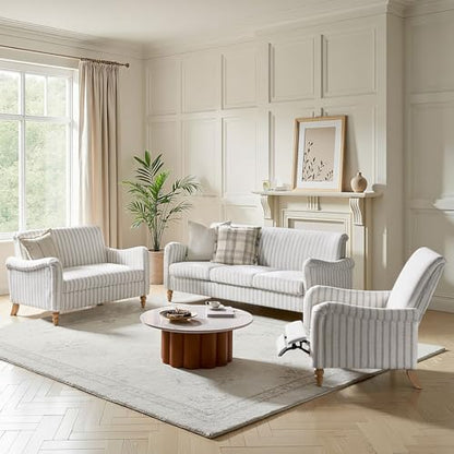 HULALA HOME Farmhouse Curved Couch with Stripe Pattern, 3 Seater Sofa, Grey | with Solid Wood Spindle Legs and Rolled Wide Armrests, Comfy Upholstered Sofa for Living Room Bedroom - color: Grey, size: 3-Seater Sofa