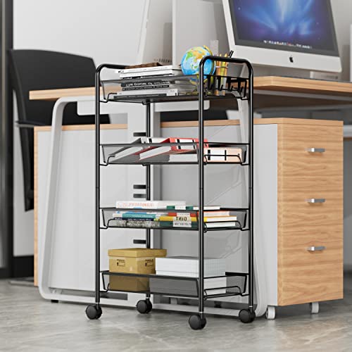 4-Tier Mesh Rolling Cart - 35 BLS/Tier Full Metal Cart with Wheel & 4 Hooks | Space-Saving 140bls Capacity Storage Organizer Crafts Utility Cart for Kitchen Pantry Office Bathroom Laundry Nursery, Black - color: Black, size: 4 tier
