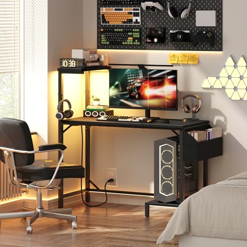 MAHANCRIS Gaming Desk, Computer Desk with Charging Station and LED Light, Small PC Desk with Side Storage Bag and Shelves, 2 Hooks, for Living Room, Home Office, Bedroom Black CDHS134E01