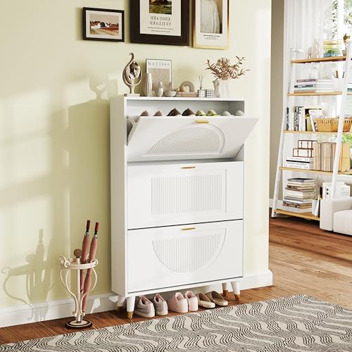 White Shoe Storage Cabinet: 32" Ultra Thin Small Shoe Cabinet | Modern Slim and Narrow Hidden Shoes Rack Organizer with Doors and 3 Flip Drawer for Entryway - size: 32"