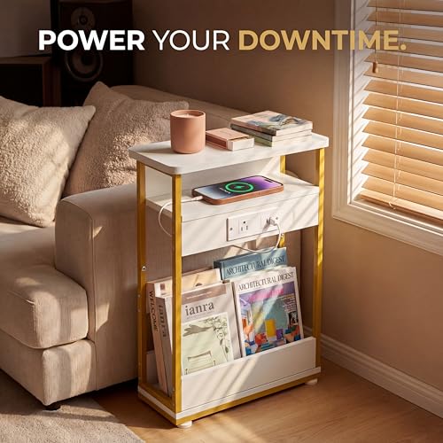 YEAKOO Narrow Side Table with Charging Station, 3-Tier End Table with 2 USB Ports & Power Outlets, Thin Sofa Side Table for Small Spaces, Bedside Table Nightstand for Living Room, White+Gold - color: White+gold