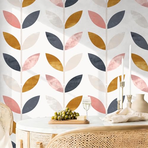 Floralplus Peel and Stick Wallpaper Boho Leaf Removable Wallpaper | Bathroom Renter Friendly Leaf Contact Paper Shelf Liner Vinyl Self Adhesive Wallpaper Wall Decor, 17.5 in x 118 in - color: White/Pink/Brown, size: 17.5" x 118"