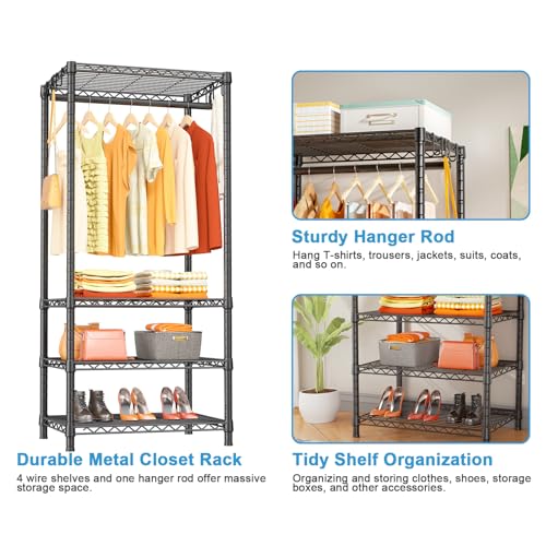 H4 Mini Portable Closet, 4 Tiers Freestanding Clothing Garment Rack for Small Space, Metal Clothes Wardrobe System for Bedroom, 23.6" W x 14" D x 76.4" H, Load 502 lbs, Black | Metal Clothes Wardrobe System for Apartment, Small Space and Bedroom, Load 502