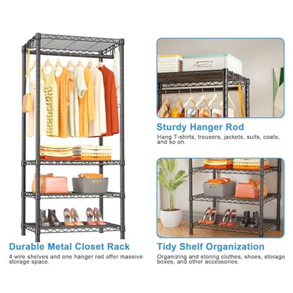 H4 Mini Portable Closet, 4 Tiers Freestanding Clothing Garment Rack for Small Space, Metal Clothes Wardrobe System for Bedroom, 23.6" W x 14" D x 76.4" H, Load 502 lbs, Black | Metal Clothes Wardrobe System for Apartment, Small Space and Bedroom, Load 502