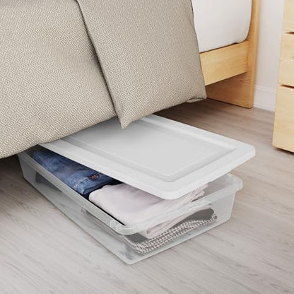 Sterilite 41 Qt Underbed Storage Box, Stackable Bin with Lid, Plastic Container to Organize Bedroom, Clear Base and White Lid, (Pack of 6) - size: 41 Quart, style: 6 Pack
