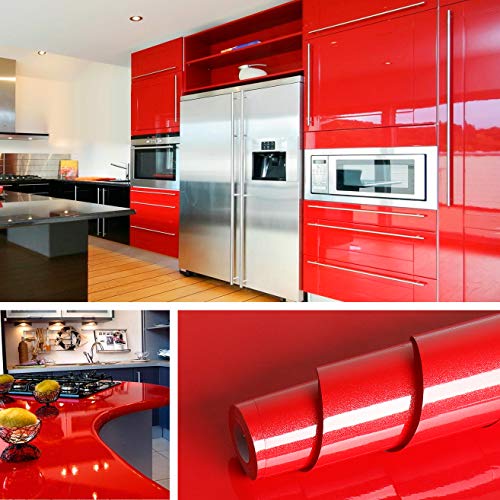 Livelynine Red Contact Paper Self Adhesive Wall Paper Decorations Peel and Stick Wallpaper Kitchen Cabinets Countertops Appliances Glossy Red Vinyl Wrap Removable Waterproof Shelf Liners 15.8x78.8 - size: 15.8"W x 78.8"L